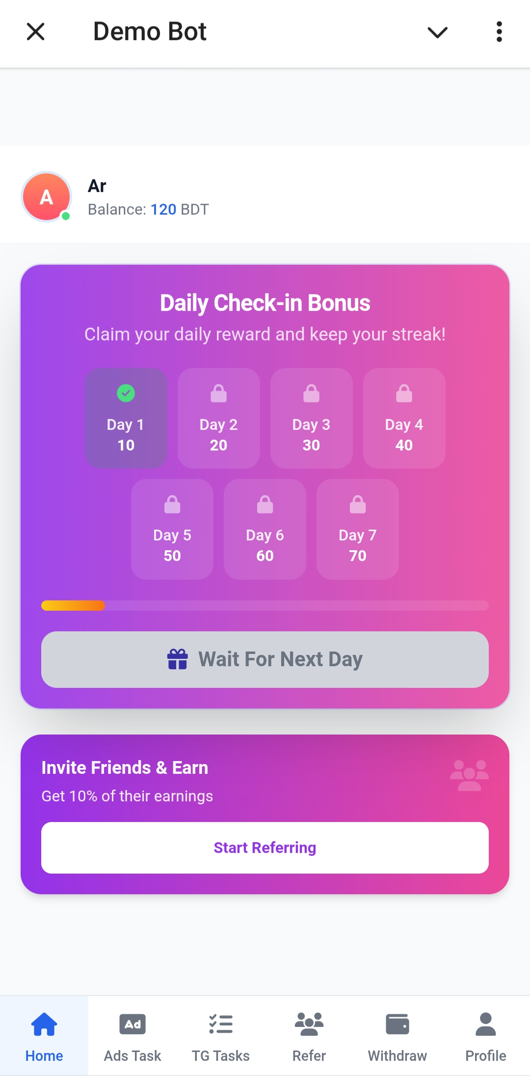 Monetag বট ইউজার প্যানেল স্ক্রিনশট ১