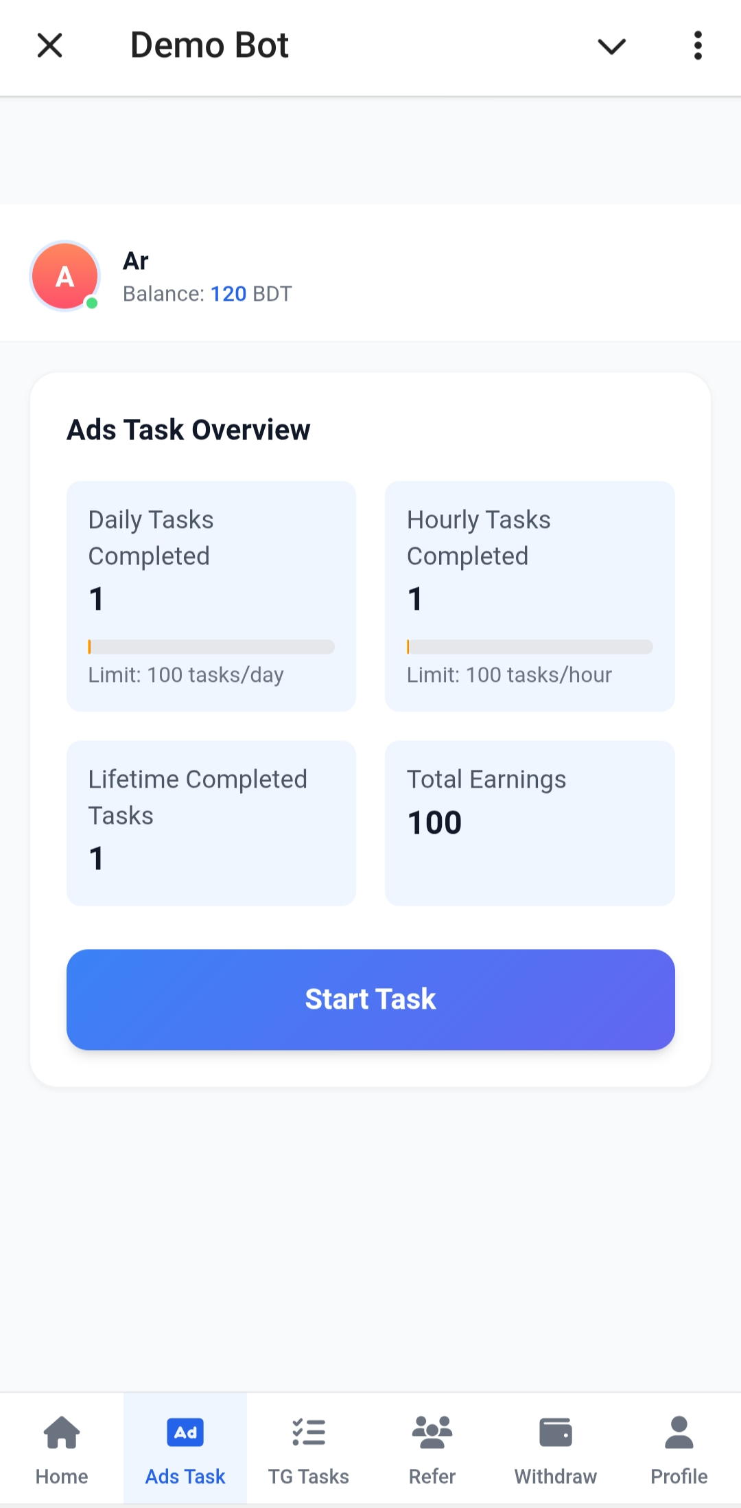 Monetag বট ইউজার প্যানেল স্ক্রিনশট ২