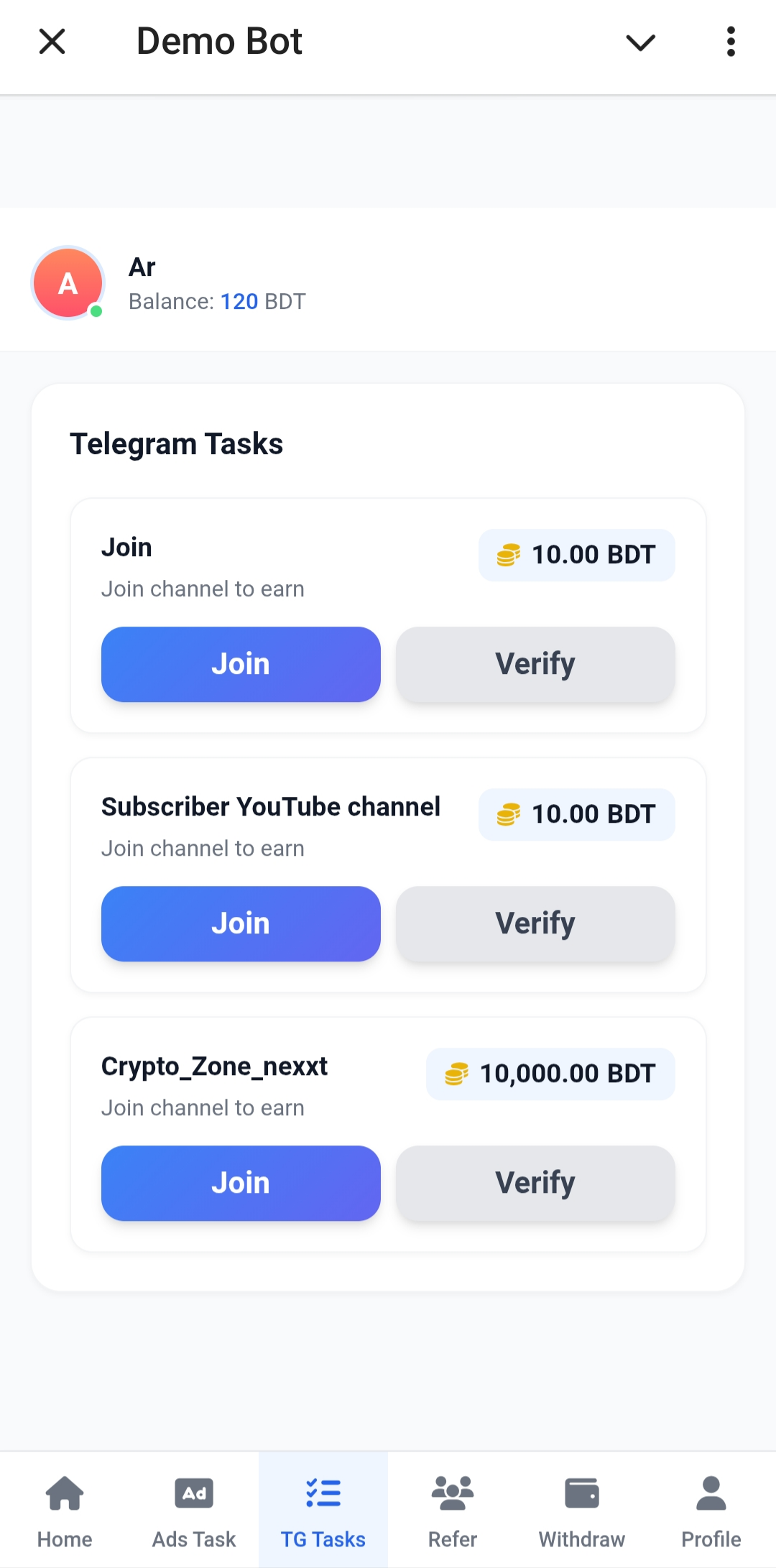 Monetag বট ইউজার প্যানেল স্ক্রিনশট ৩